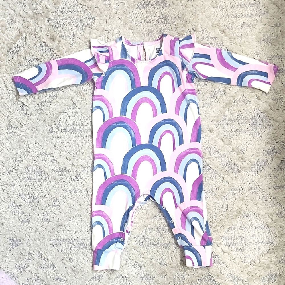 Tea Collection Girls Rainbow Ruffle Sleeve Jumpsuit Size 9-12 Months
